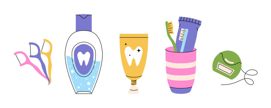 Dental care set with floss pick, mouthwash, toothpaste tube, toothbrush cup and floss container for clean tooth and fresh oral hygiene