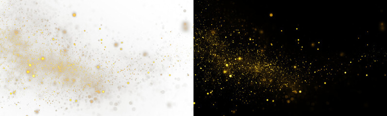 Fototapeta premium Magic gold dust illuminated accents. A celebratory background. Golden rain. Sparkling light, sparkle dust png. Sparkling magic. 