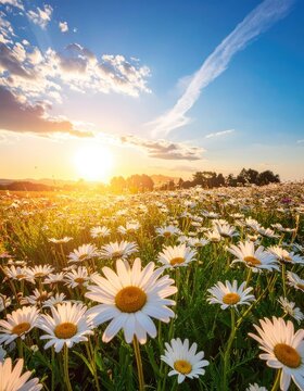Daisies bloom under a radiant sunset, blue sky above. A field in full sunlight