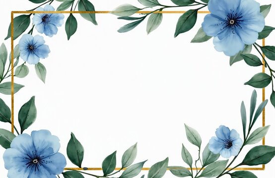 Blue floral wreath with gold frame for event cards. Green leaves and flowers frame blank space for text. Use for invitations, thank you notes, or menus.
