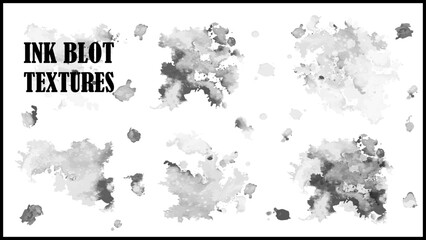 Set of black ink blot, splatter and drip textures isolated on white background.
