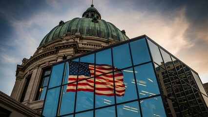 American Flag Reflected in Building with Dome in Background.