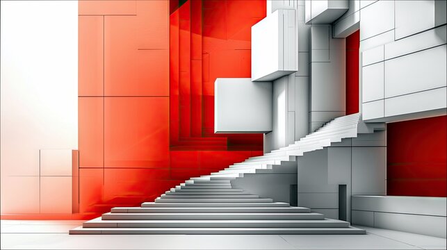 An abstract architectural design featuring a white staircase ascending, contrasted by red and white geometric shapes, creating a modern and minimalist aesthetic