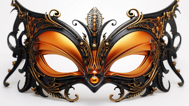 Ornate Venetian Masquerade Mask with Gold and Black Details on White Background. Elegant, Mysterious, Carnival Party Accessory for Celebrations.