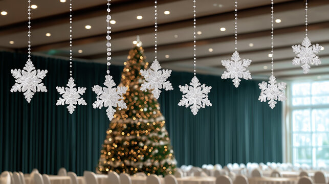 Hanging white snowflake ornaments in a decorated hall with a glowing christmas tree in the background