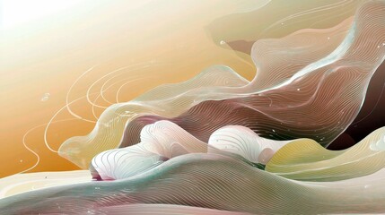 An abstract artwork featuring flowing, wave-like forms in various colors against a gradient background.