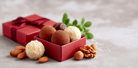 Assorted chocolate and coconut truffles arranged in a red gift box with nuts and green leaves creating an elegant gourmet dessert