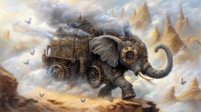A fantastical illustration of a steampunk elephant walking through a cloudy landscape. The elephant is adorned with gears and mechanical elements, with butterfl