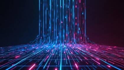 Creative data flow visualisation. Abstract neon lines stream tech backdrop. Blue pink light beams glow on dark background. Future cyberspace concept. Digital lines convey data, connection. Great tech
