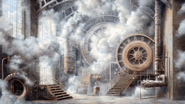 An artistic rendering of a steampunk industrial interior with large gears, stairs, pipes, and billowing smoke, creating a dramatic and atmospheric scene.