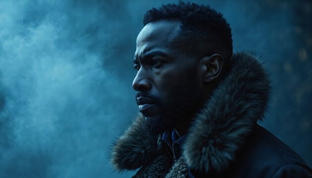 Adult man wears a winter coat with fur trim. He has a serious pensive expression looking away. Dark blue smoky background creates a cold mysterious mood. Person reflects deeply, feels intense. - Powered by Adobe