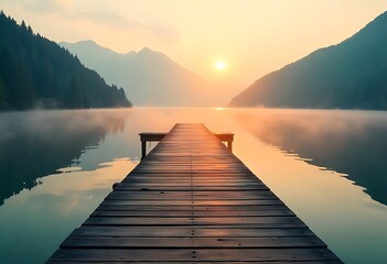 A serene wooden pier stretches over calm lake at misty sunrise, surrounded by mountains, forest silhouettes, soft fog, tranquil water, peaceful nature and morning light.