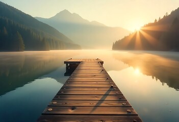 A serene wooden pier stretches over calm lake at misty sunrise, surrounded by mountains, forest silhouettes, soft fog, tranquil water, peaceful nature and morning light.