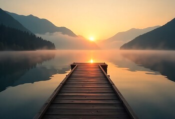Fototapeta premium A serene wooden pier stretches over calm lake at misty sunrise, surrounded by mountains, forest silhouettes, soft fog, tranquil water, peaceful nature and morning light.