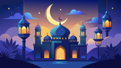 Illustration of a mosque at night with a crescent moon and illuminated lanterns in blue tones