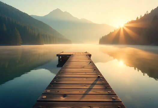 A serene wooden pier stretches over calm lake at misty sunrise, surrounded by mountains, forest silhouettes, soft fog, tranquil water, peaceful nature and morning light. - Powered by Adobe