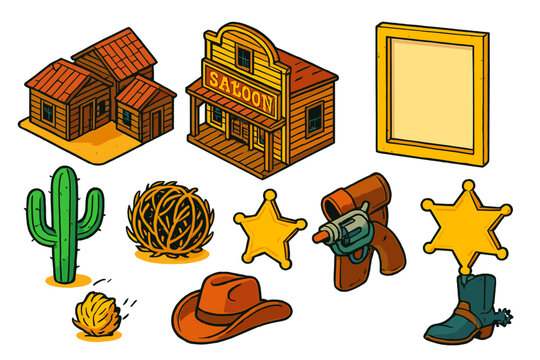 Wild West Icons. Isometric vector illustration set Comic book elements &ndash; wild west town, saloon fa&ccedil;ade, wanted poster frame;