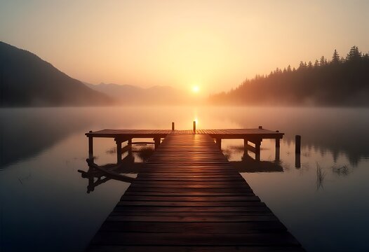 A serene wooden pier stretches over calm lake at misty sunrise, surrounded by mountains, forest silhouettes, soft fog, tranquil water, peaceful nature and morning light.