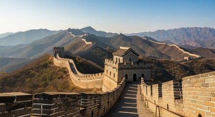 A person walks along the ancient stone Great Wall of China, winding through mountainous terrain under a clear sky.