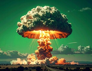 Mushroom cloud exploding with a vibrant orange and yellow hue