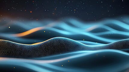 An abstract digital art piece featuring flowing waves of light and particles against a dark, starry backdrop, creating an atmospheric and ethereal mood.