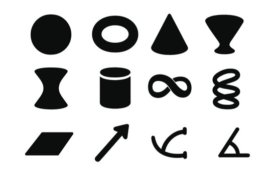 Geometric Shapes Icons. Solid style icons of curved surfaces and geometry: sphere, torus, cone, paraboloid, hyperboloid, cylinder,