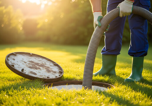Worker pumping septic tank with hose in grassy field at sunset