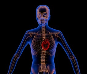 3D Medical Illustration of Human Heart and Skeleton