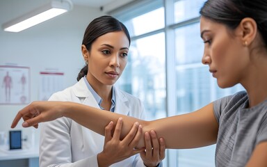 Professional female doctor examining patient's arm in modern clinic, medical consultation, healthcare, physical therapy, diagnostic care for women, wellness.