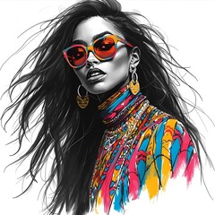 High-Contrast Portrait of Woman in Psychedelic Turtleneck and Colorful Sunglasses