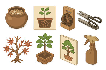 Bonsai Gardening Essentials. Isometric vector illustration set of Bonsai gardening: ornamental gravel jar, root rot prevention