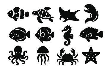 Fototapeta premium Reef Biodiversity Icons. Solid style icons of Reef biodiversity: clownfish, sea turtle, manta ray, moray eel, surgeonfish,