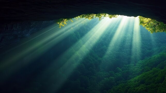 A dramatic landscape image of sunlight streaming through an opening in a cave, illuminating a lush green forest below. The scene is bathed in a soft, ethereal l - Powered by Adobe