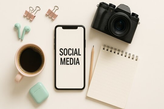 Social Media Workspace Flat Lay with Coffee and Camera