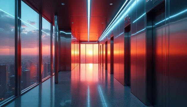 Modern elevator hall with city skyline view at sunset. Elevators stand in hall with vibrant sunlight. Contemporary urban area with skyscraper view. Modern interior design features shiny panels, - Powered by Adobe