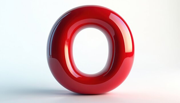 Red letter O 3D render isolated on white background. Shiny volumetric font character with gloss reflection. Circular ring shape for alphabet typography design. Modern icon for business, logo,