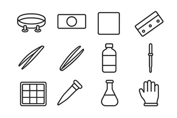 Microscopy Tools Icons. Line style icons of microscopy tools: specimen holder, glass slide, cover slip, microtome blade; tweezers,