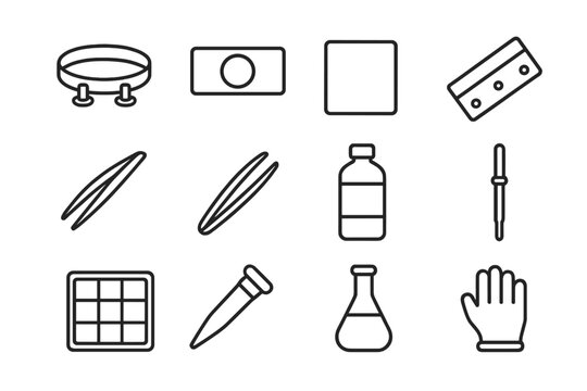 Microscopy Tools Icons. Line style icons of microscopy tools: specimen holder, glass slide, cover slip, microtome blade; tweezers,