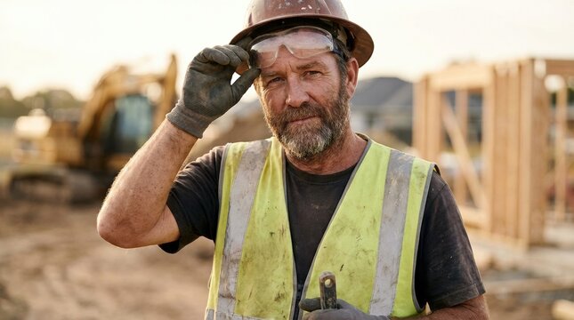 Bearded man wearing safety glasses and a reflective vest is working on a construction site, with heavy machinery and wooden structures in the background, showcasing dedication to building projects