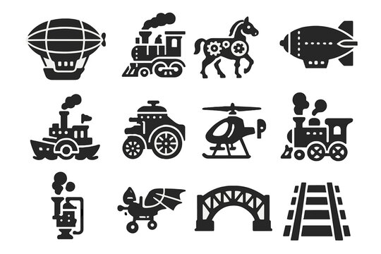 Steampunk Travel Icons. Solid style icons of Steampunk travel: dirigible, steam locomotive, mechanical horse, paddle steamer,