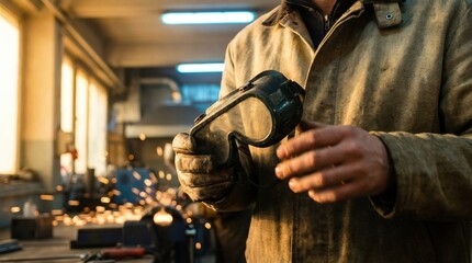 Skilled worker in protective gear holds welding goggles in a workshop, surrounded by tools and sparks, showcasing dedication to safety and craftsmanship in metalworking