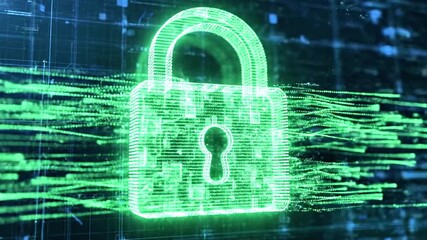 Glowing green lock overlaid on a dark digital matrix, with flowing light trails - Powered by Adobe