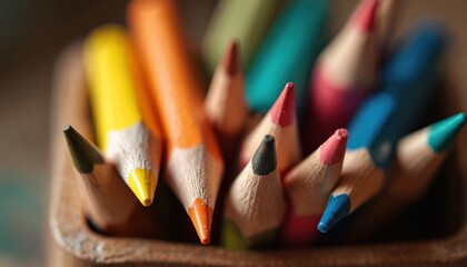 Sharpened coloured pencils close up in container. Tools ready for drawing art creativity. Colorful crayons for designers to design projects in studio. Pencils as a gift for artists.