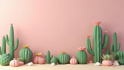 Digital 3D render of various green, pink cacti. Pastel succulent plants arranged on light background. Abstract graphic desert plants create cute border for copy space. Modern botanical art eco design