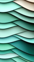 An abstract design featuring layered, wavy shapes in various shades of green and teal, creating a modern and artistic composition.