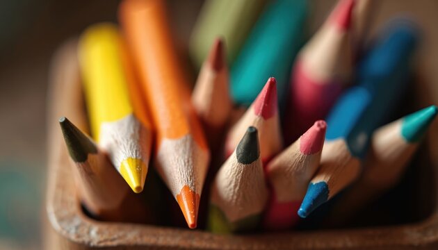 Sharpened coloured pencils close up in container. Tools ready for drawing art creativity. Colorful crayons for designers to design projects in studio. Pencils as a gift for artists. - Powered by Adobe