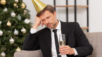 A sad businessman in formal attire, wearing a gold party hat, sits on the couch with a glass of champagne, celebrating Christmas alone at home