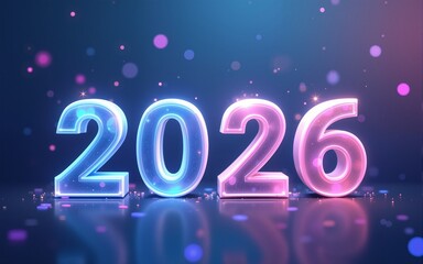 Modern and minimal New Year 2026 illustration featuring transparent glass effects. The design uses a clean gradient from blue to purple, with elegant typography and futuristic decorative elements.