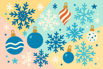 Festive Snowflake Arrangement. Playful arrangement of blue and white snowflakes with festive ornaments placed on a vector