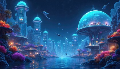 Futuristic underwater city bioluminescent plants, diverse sea creatures. Humanlike robots interact with underwater life at vibrant sci-fi landscape with futuristic architecture. City mix of tech,
